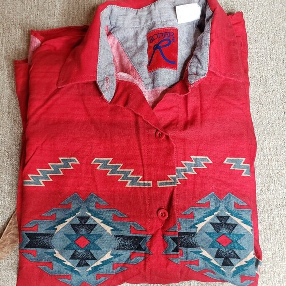 EUC Roper Western Shirt - Aztec Symbols on Muted Red Stripes - Women Size Small - Picture 6 of 9